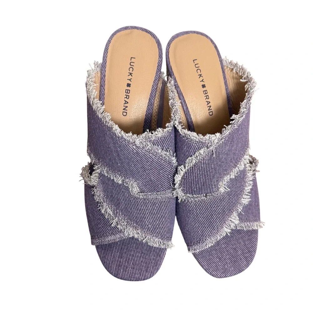 Lucky‎ Brand Purple Denim Frayed Espadrille Wedge Sandals Womens Size 6.5 M